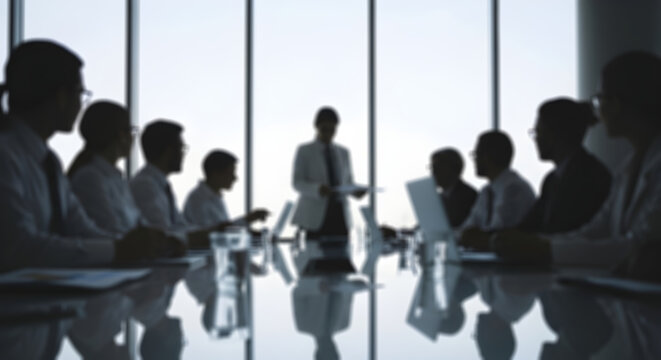 Business Meeting blured Silhouette in Modern Boardroom, Corporate Leadership and Team Collaboration Concept