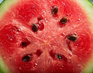 close up of watermelon slice showing water droplets and seed