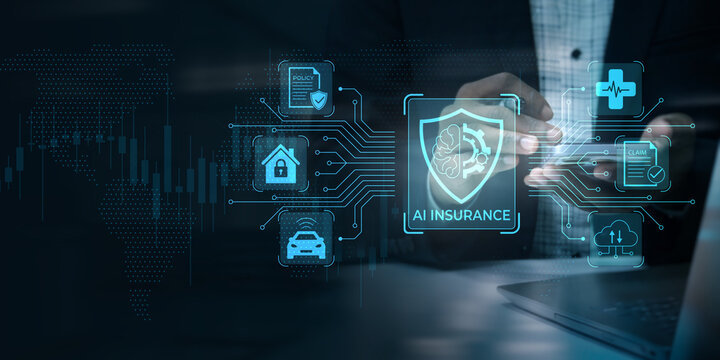 Futuristic AI insurance concept with glowing icons for policy home car medical claim and cloud services integrated with circuit board lines and stock market data background