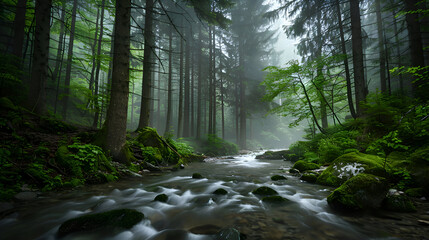 Obraz premium Serene misty forest with towering pine trees and flowing stream
