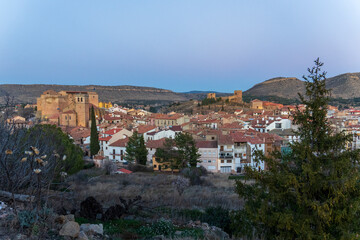 Fototapeta premium Mora de Rubielos medieval village with a castle during the Spring blossom Teruel Aragon Spain