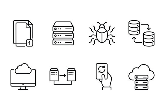 Collection of line icons for data management, security, and technology. Features server racks, cloud storage, bug, and file transfer icons.