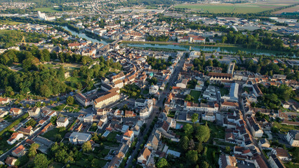 Fototapeta premium Aerial panoramic view above the old town around the city Château-Thierry in France on a sunny summer day. 