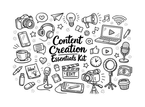 Content creation essentials kit, hand drawn doodle elements set, center hand-lettered title, black & white vector line art, bold