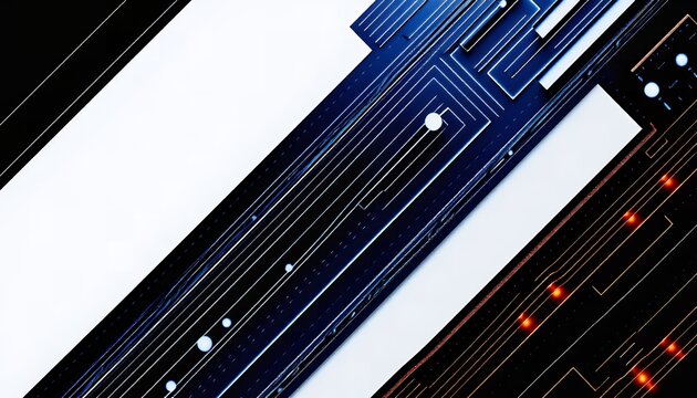 A close-up view of a sleek electronic circuit board featuring dark blue and black components with glowing red and white lights and intricate wiring patterns