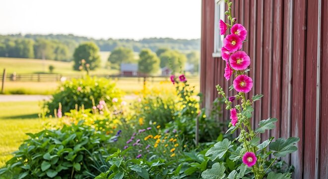 Vibrant pink hollyhocks blooming beside rustic barn in lush countryside garden