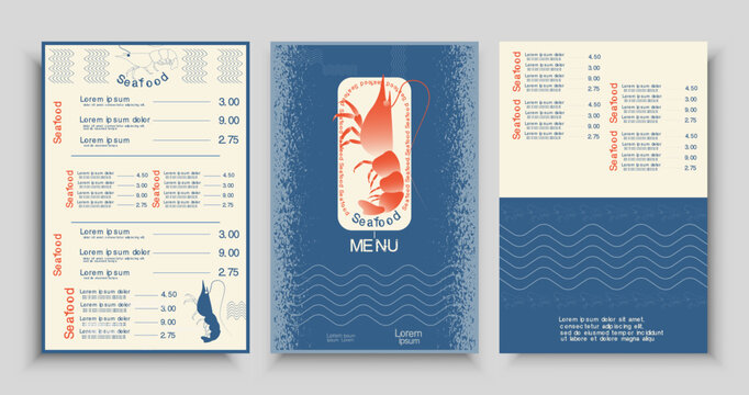 Seafood restaurant menu template with shrimp illustration, nautical wave patterns, and minimalist layout. Vector ocean sea fish restaurant card background front and back sheet design