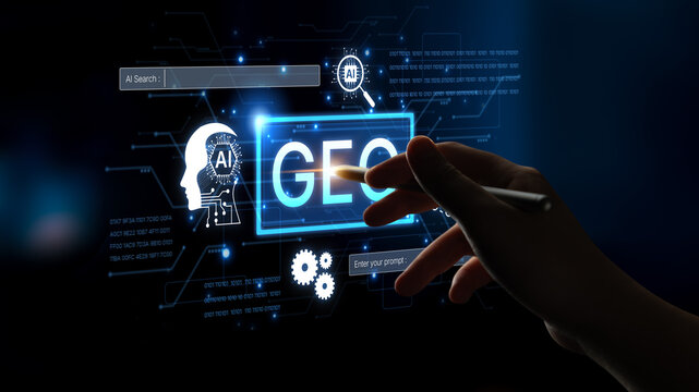 Digital marketing concept featuring GEO strategy. Generative AI search visual shows GEO interface integrating intelligence, logic, and AI input system for prompt tasks. Corpus