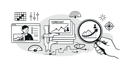 Modern minimal flat vector conceptual collage, crisp hard edges, consistent THIN outline stroke, rounded corners where needed,