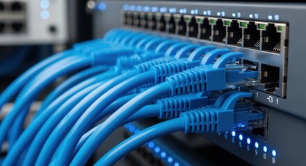 Closeup of bright blue ethernet network cables plugged into a server rack switch with active indicator lights