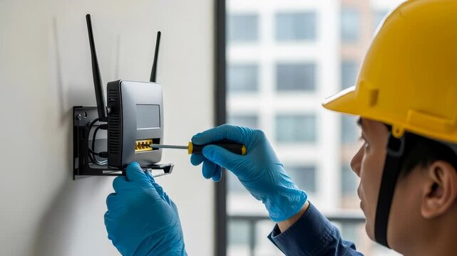 Asian man installing high speed internet modem. Engineer in hard hat connecting wireless router for network access.