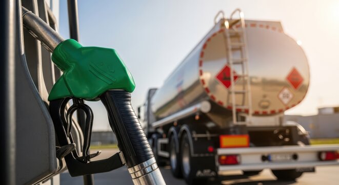 Closeup of green fuel nozzle at gas station with large tanker truck in background under bright sunlight