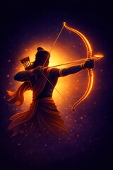 Fototapeta premium Dramatic Divine Illustration of Lord Rama Archer with Glowing Bow and Arrow for Ram Navami Festival