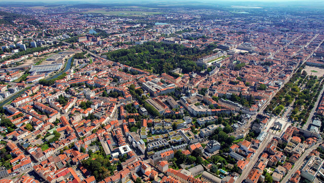 Aerial panoramic view above the old town around the city Nancy in France on a sunny summer day. 