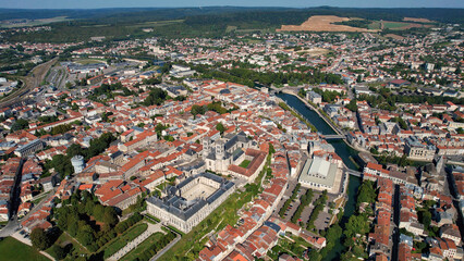 Aerial panoramic view above the old town around the city Verdun in France on a sunny summer day. 