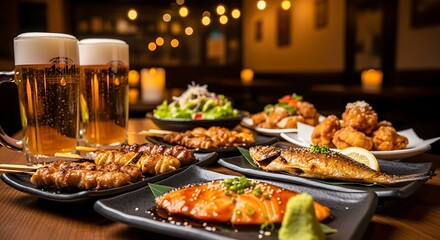 Fototapeta premium Japanese dinner scene beers, various dishes, skewers, fried chicken, & salmon on dark plates
