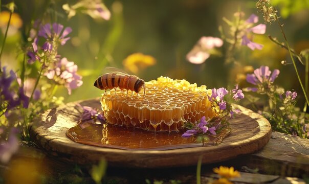 Rustic honeycomb with golden nectar dripping onto a wooden plate, surrounded by wildflowers, warm natural lighting creating an earthy and organic feel