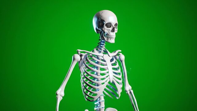 Human Skeleton Illustration Showing Detailed Bone Structure Against Green Background from Front View