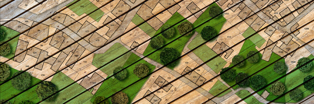 URBAN PLANNING MAP WITH CITY LAYOUT AND GREEN AREAS - Concept of architecture, urban development, real estate, city construction and land design with cadastral map