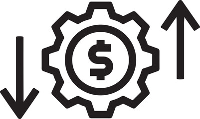 Black gear cogwheel with dollar sign and up down arrows, symbolizing financial fluctuation, money value change, economic volatility, currency rise fall, investment risk and market dynamics vector 