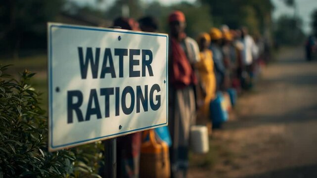 Water rationing event community area signage outdoor setting close-up view social issue awareness