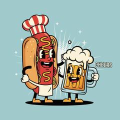Joyful retro cartoon hot dog chef and happy beer mug clinking in a friendly celebration of delicious snacks