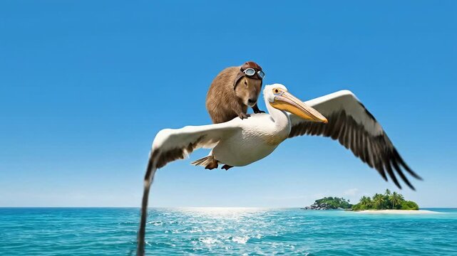 A cute capybara wearing aviator goggles rides on the back of a large white pelican flying high above a bright blue tropical ocean towards a distant sunny island paradise