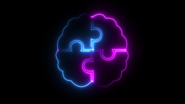 Glowing neon brain puzzle icon isolated on black background representing problem solving and cognitive function. human brain icon and puzzle icon with neon effect. brain icon with puzzle piece.