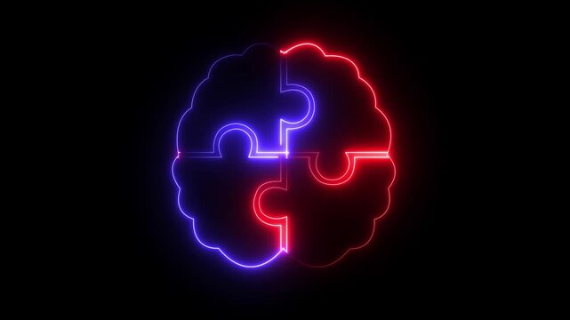 Glowing neon brain puzzle icon isolated on black background representing problem solving and cognitive function. human brain icon and puzzle icon with neon effect. brain icon with puzzle piece.