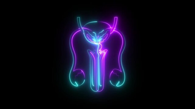 glowing neon Male reproductive organs icon animation on black background. Healthcare body part icon. Male reproductive system icon symbol. The testes are the primary male reproductive organ. 4k video