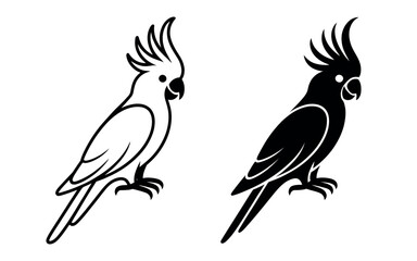 Obraz premium A black and white illustration of two cockatiels facing each other.