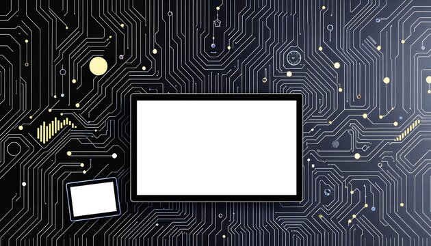 A futuristic electronic circuit board with a large blank screen and a smaller screen on a dark blue background with yellow accents and white lines