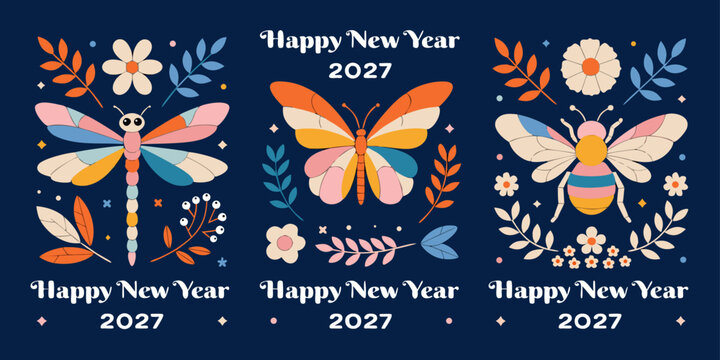 Happy New Year 2027 &ndash; Colorful Nature‑Inspired Designs with Butterfly, Dragonfly & Bee for Posters, Invitations & Festive Seasonal Artwork