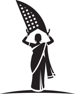 Indian woman silhouette in sari holding a winnowing fan illustration with a transparent background
