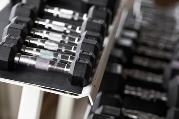 Naklejka premium A row of dumbbells on a rack in the gym.