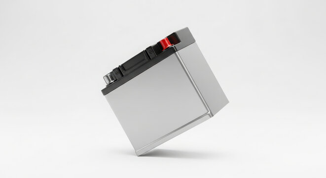 Contemporary Automotive Car Battery in Gray and Black, Designed for Vehicle Power and Starting Systems, Isolated on White