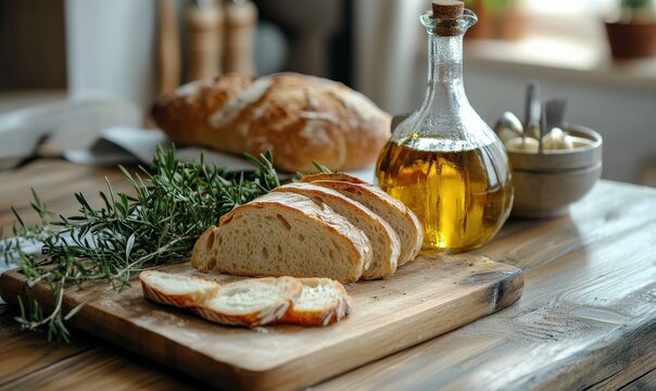 Rustic wooden table set with freshly sliced bread and olive oil, soft natural light creating a warm and inviting kitchen scene