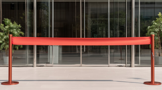Red ribbon barrier at modern building entrance. Grand opening ceremony or exclusive event concept. Stanchions blocking access for a new business launch