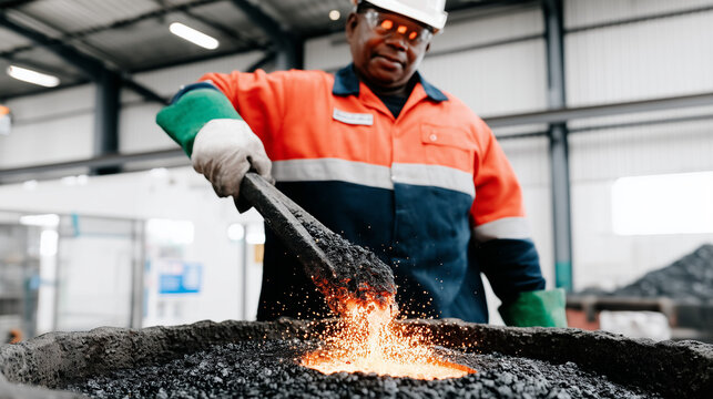 Mature black male worker in safety gear handling molten metal with tongs in a foundry. Industrial manufacturing and steel production process. Skilled labor in heavy industry