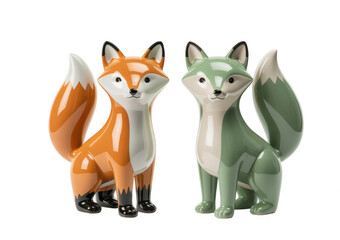Ceramic fox figurines in orange and green