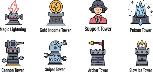 Tower Defense Strategy Game Icons Set Magic Lightning Cannon Archer Ice Tower © DA Image