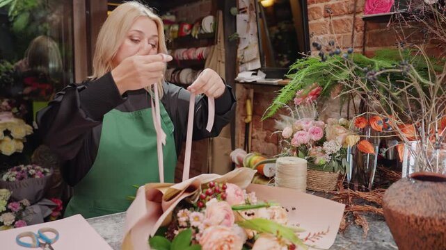Blonde caucasian florist ties finishing ribbon on gift bouquet, wrapping kraft paper around blush roses and foliage on rustic counter, hands tying bow with twine near ceramic vase and ambient shop