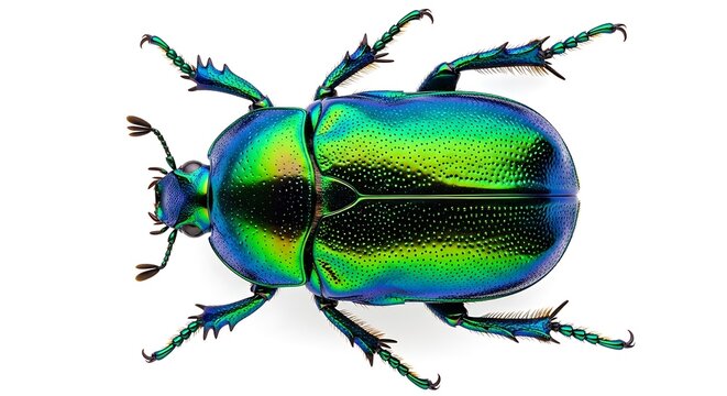 Macro top-down shot of a metallic green beetle on white, showcasing iridescent shell