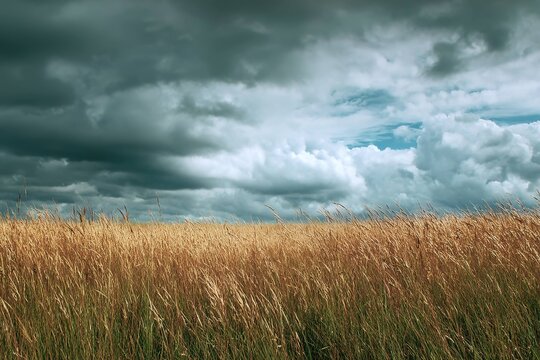 wide open field of tall grass with dramatic cloudy sky