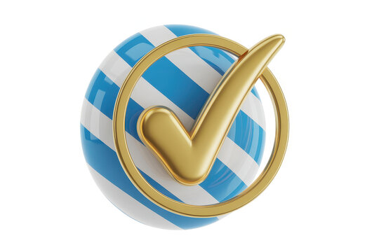 Gold Checkmark on Blue and White Striped Sphere