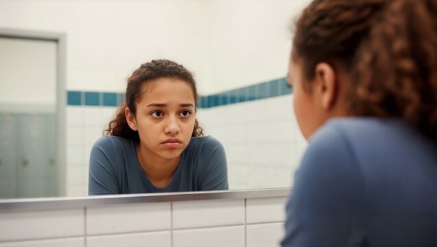 Upset teenage girl looking at reflection in school bathroom mirror. Sad student dealing with depression or insecurity. Mental health awareness