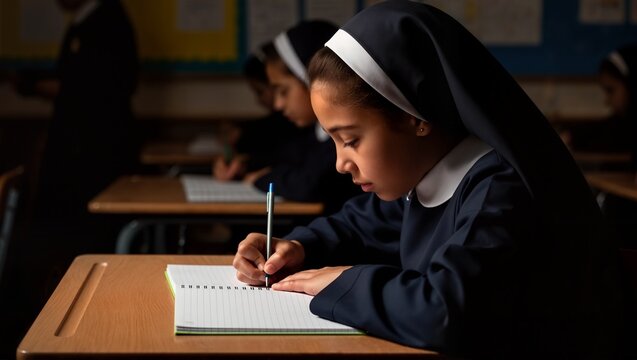 Profile of young Latina nun writing in notebook. Novice sister studying in classroom. Religious education