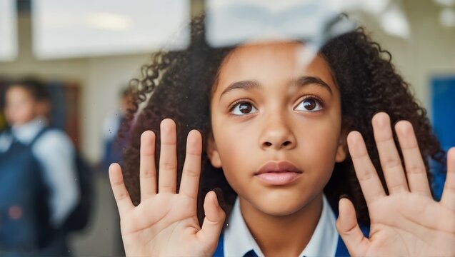 Curious African American schoolgirl pressing hands and face against glass window. Child looking up with hope or longing. Education