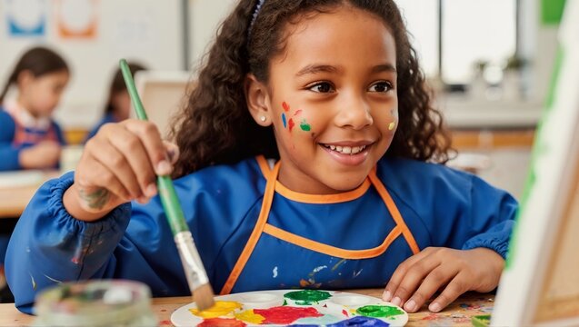 Happy mixed race schoolgirl painting with brush in art class. Creative child student wearing blue smock. Education and learning