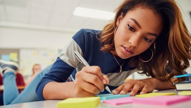 Focused young female student writing on sticky notes while lying on desk in classroom. Creative study session. Education and learning